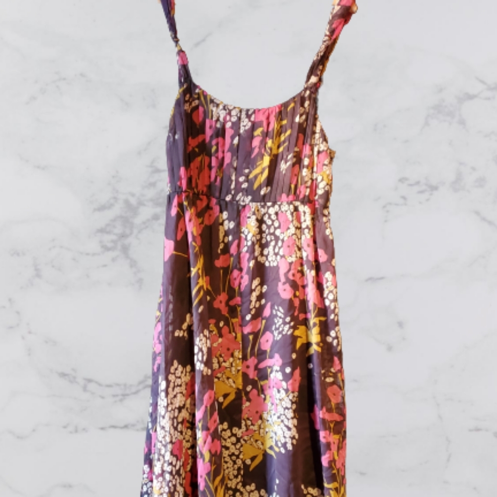 Flowy plum floral pleated Neva strappy empire waist dress